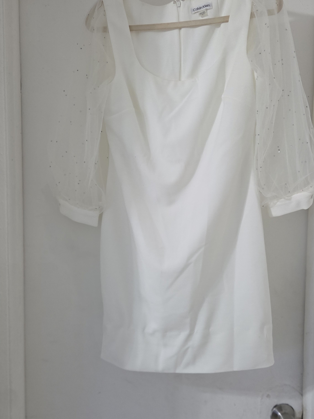 Calvin Klein Ivory White Rhinestone Sheer Puff Sleeve Cocktail Mini Dress Size 8